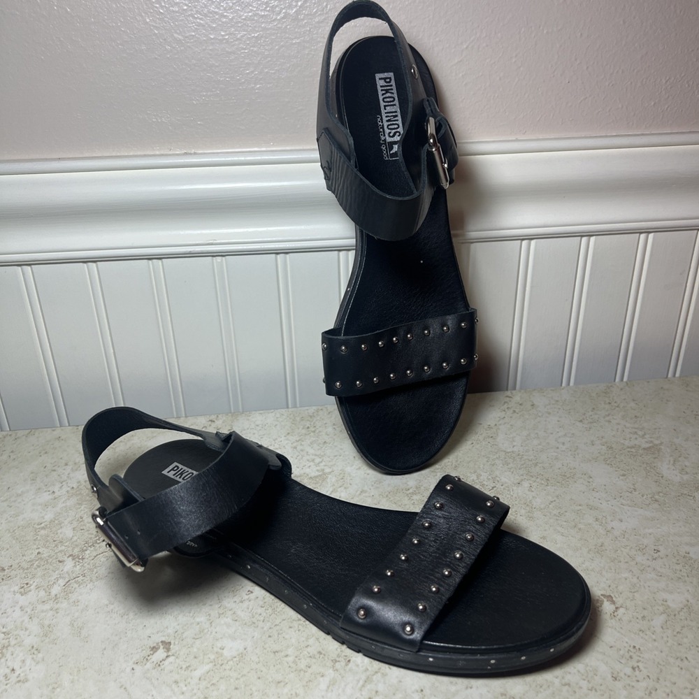 Pikolinos Women's Black Leather Silver Studded Ankle Strap Sandals Size 40 (9.5)